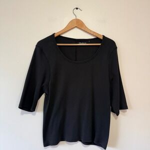 Black‎ Organic Cotton Rib Knit 3/4 Sleeve Scoop Neck Top Minimalist Seam Back